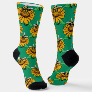 Bee on Sunflower Flower Pattern Design Green Socks