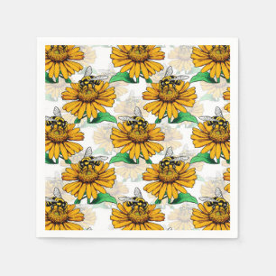 Bee on Sunflower Flower Pattern Design Napkins
