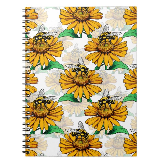 Bee on Sunflower Flower Pattern Design  Notebook (Front)