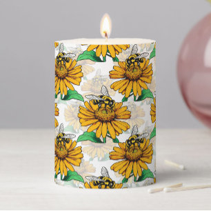 Bee on Sunflower Flower Pattern Design Pillar Candle