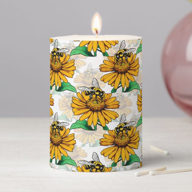 Bee on Sunflower Flower Pattern Design  Pillar Candle (Creator Uploaded)