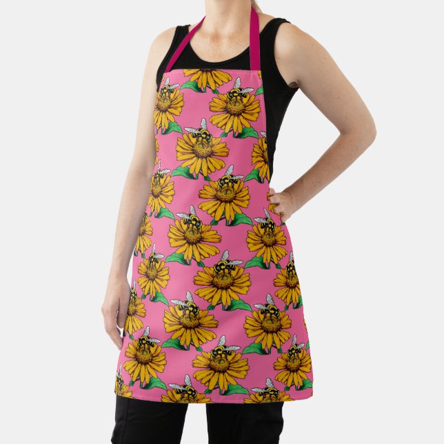 Bee on Sunflower Flower Pattern Design Pink Apron (Insitu)