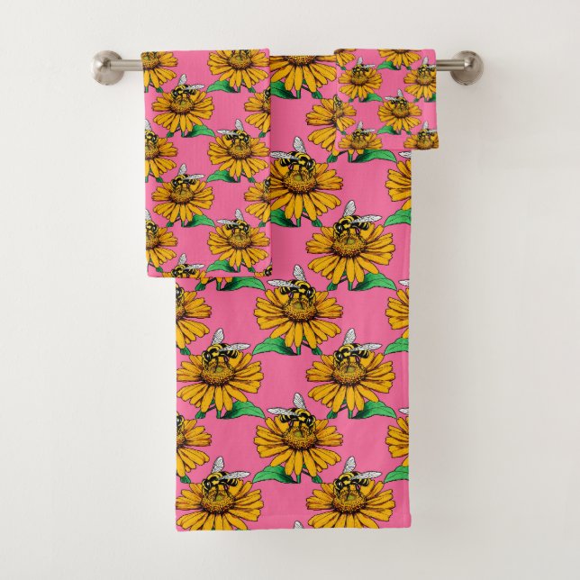 Bee on Sunflower Flower Pattern Design Pink Bath Towel Set (Insitu)