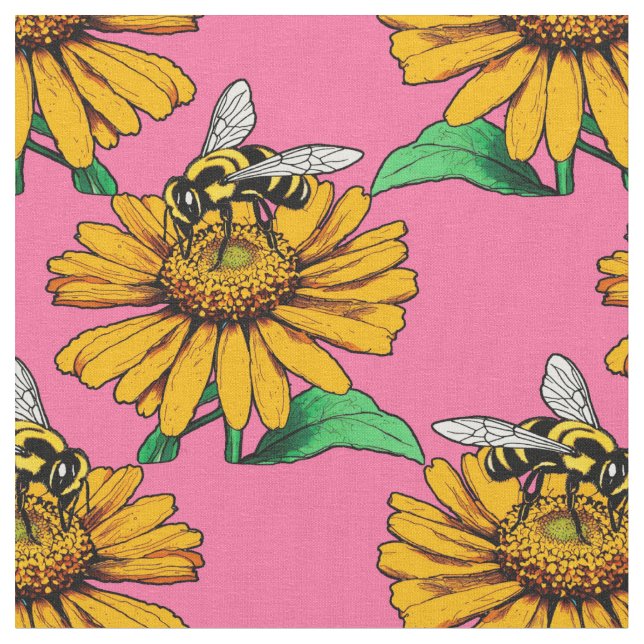 Bee on Sunflower Flower Pattern Design Pink Fabric (Close Up)