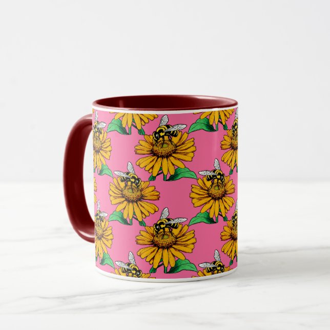 Bee on Sunflower Flower Pattern Design Pink Mug (Front Left)