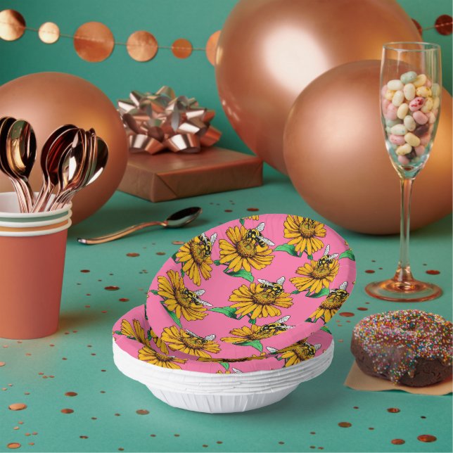 Bee on Sunflower Flower Pattern Design Pink Paper Bowls (Multi)