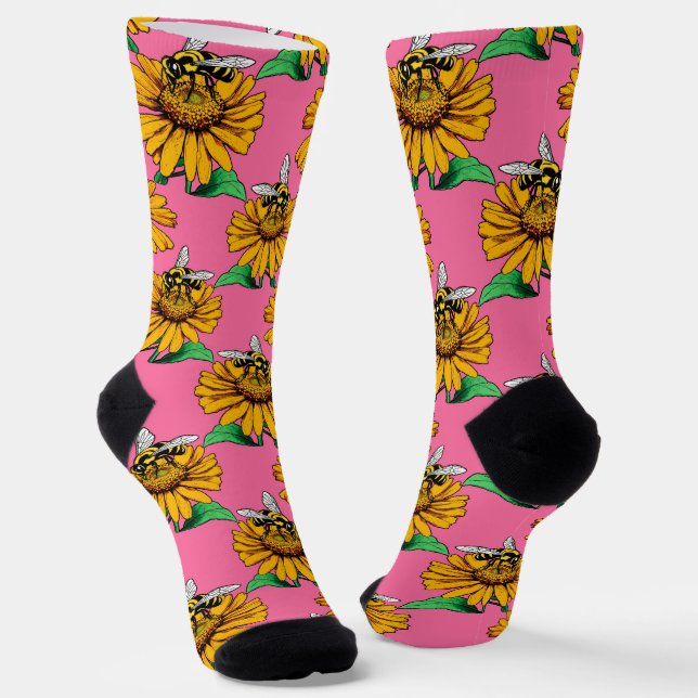 Bee on Sunflower Flower Pattern Design Pink Socks (Angled)