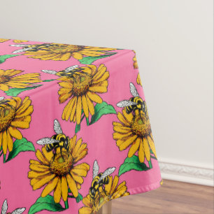 Bee on Sunflower Flower Pattern Design Pink Tablecloth