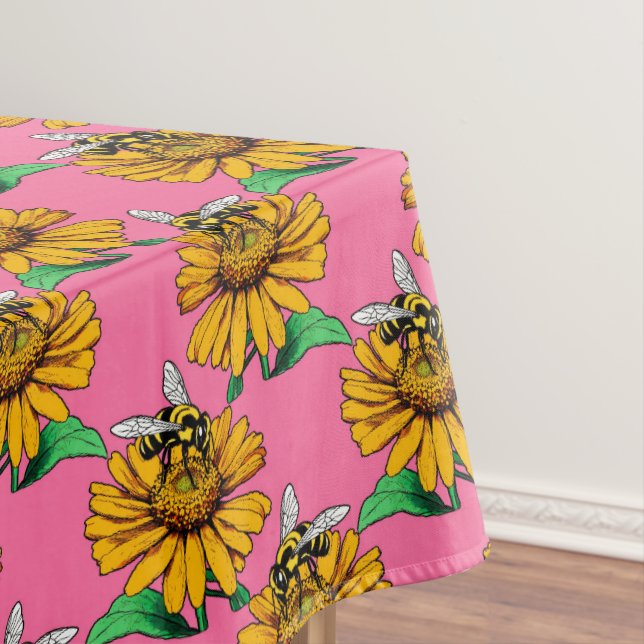 Bee on Sunflower Flower Pattern Design Pink Tablecloth (In Situ)
