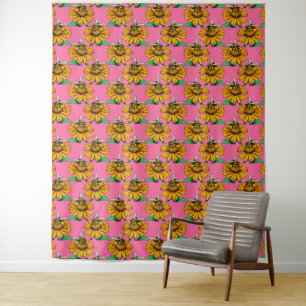 Bee on Sunflower Flower Pattern Design Pink Tapestry