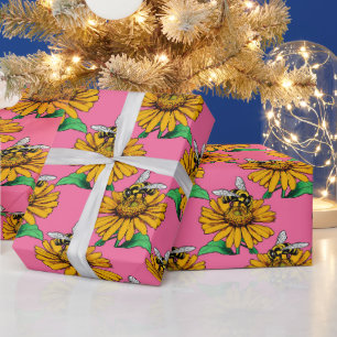 Bee on Sunflower Flower Pattern Design Pink Wrapping Paper