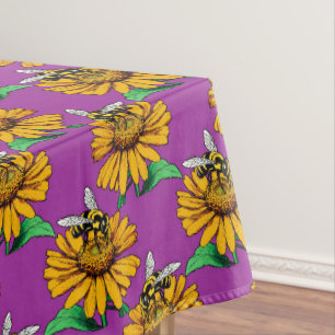 Bee on Sunflower Flower Pattern Design Purple Tablecloth