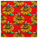Bee on Sunflower Flower Pattern Design Red  Fabric