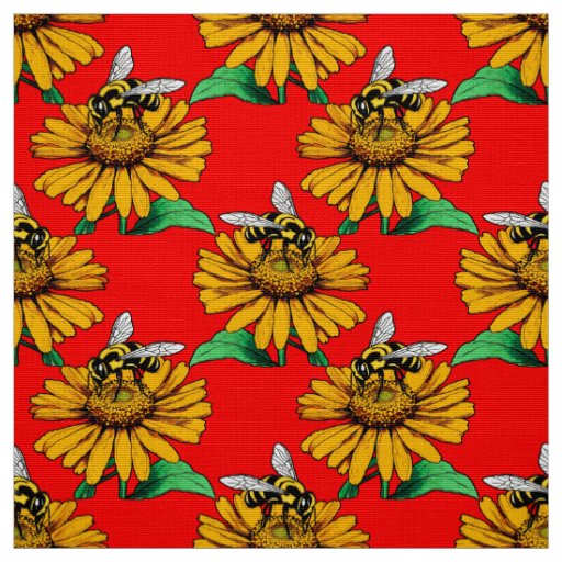 Bee on Sunflower Flower Pattern Design Red  Fabric