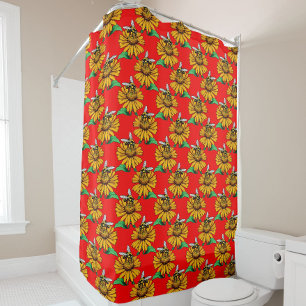 Bee on Sunflower Flower Pattern Design Red Shower Curtain