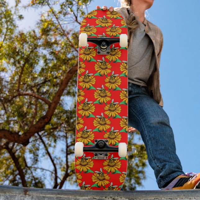 Bee on Sunflower Flower Pattern Design Red  Skateboard (Creator Uploaded)