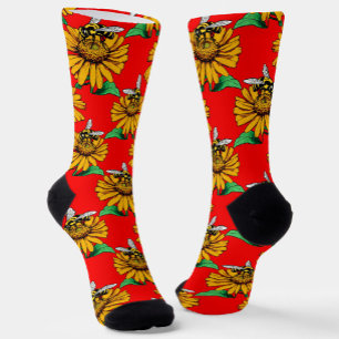 Bee on Sunflower Flower Pattern Design Red Socks