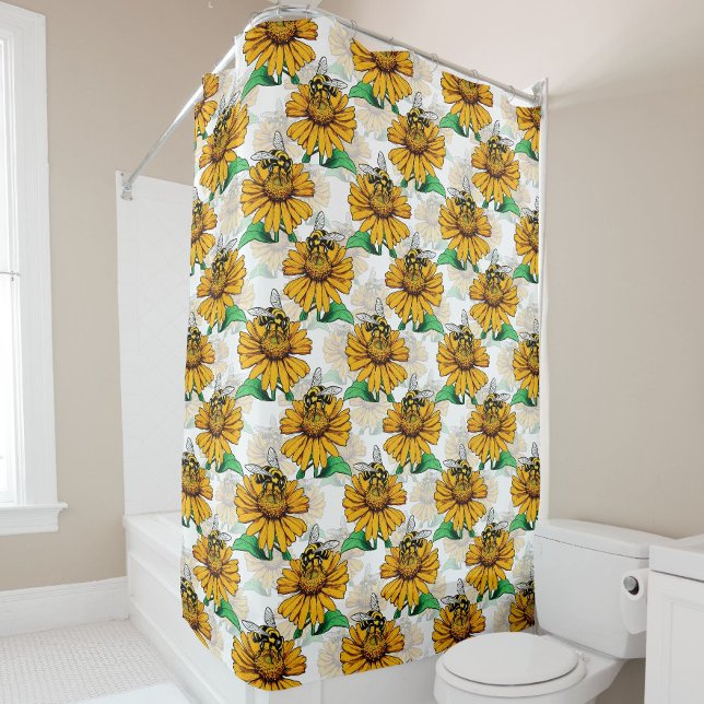 Bee on Sunflower Flower Pattern Design  Shower Curtain (Creator Uploaded)