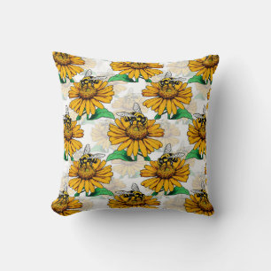 Bee on Sunflower Flower Pattern Design Throw Pillow