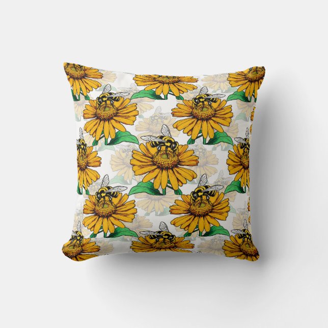 Bee on Sunflower Flower Pattern Design  Throw Pillow (Front)