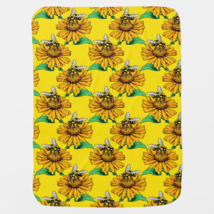 Bee on Sunflower Flower Pattern Design Yellow Baby Blanket