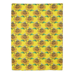 Bee on Sunflower Flower Pattern Design Yellow  Duvet Cover