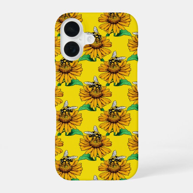 Bee on Sunflower Flower Pattern Design Yellow  Iphone Case (Back)