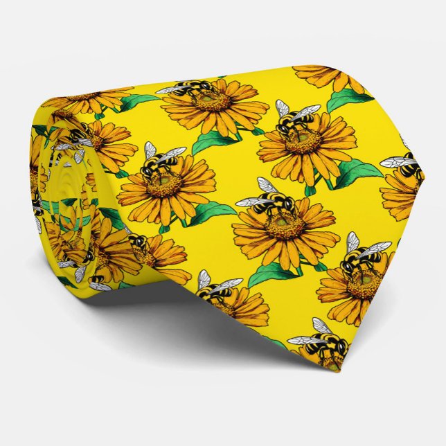 Bee on Sunflower Flower Pattern Design Yellow  Neck Tie (Creator Uploaded)