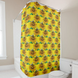 Bee on Sunflower Flower Pattern Design Yellow  Shower Curtain
