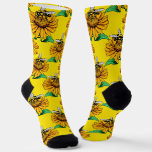 Bee on Sunflower Flower Pattern Design Yellow  Socks