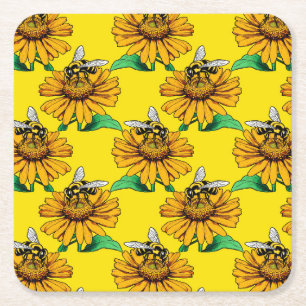 Bee on Sunflower Flower Pattern Design Yellow Square Paper Coaster