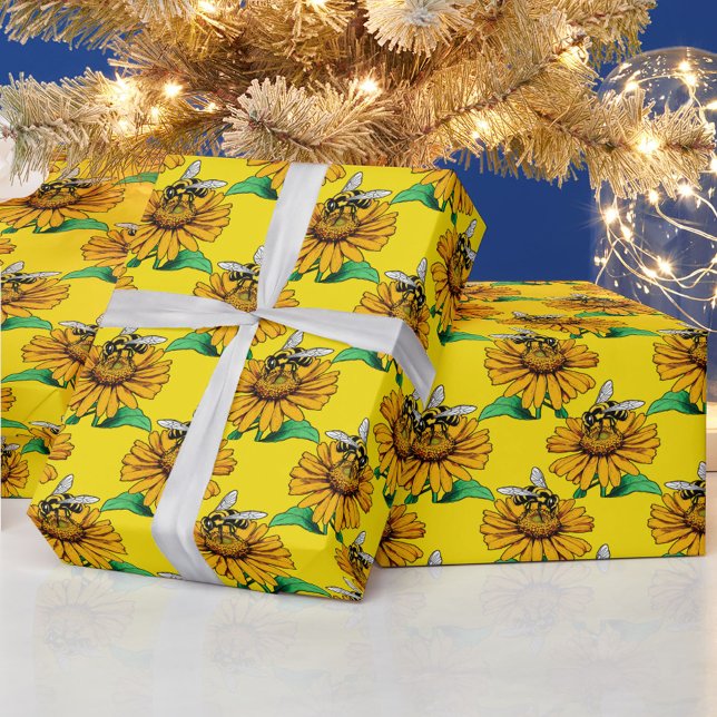 Bee on Sunflower Flower Pattern Design Yellow  Wrapping Paper (Creator Uploaded)