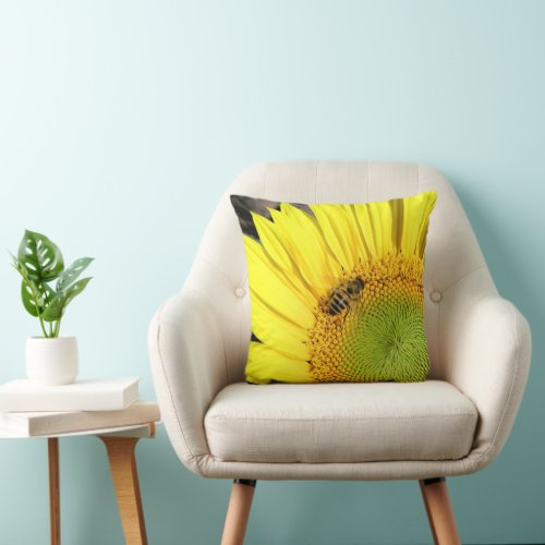 Bee On Sunflower Photograph Double Side Design Throw Pillow