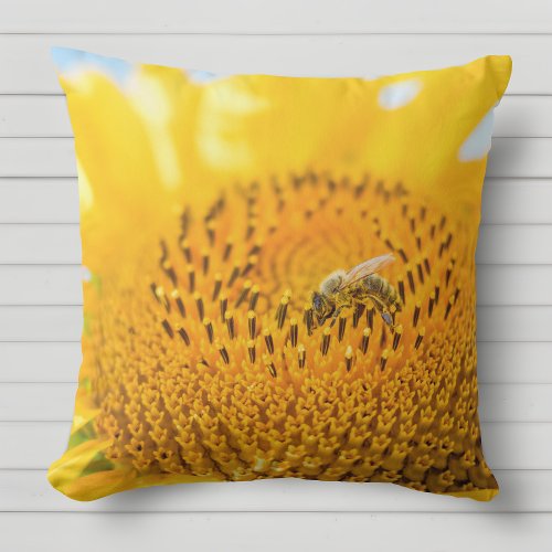 Bee on Sunflower Yellow Outdoor Pillow