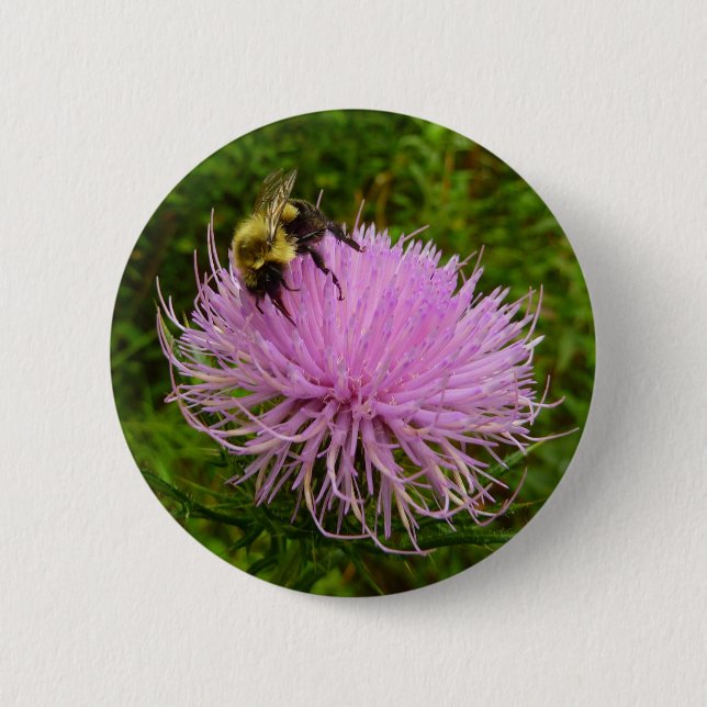 Bee on Thistle Flower Nature Button (Front)