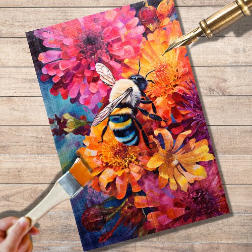 Bee on Vibrant Flowers Decoupage Tissue Paper