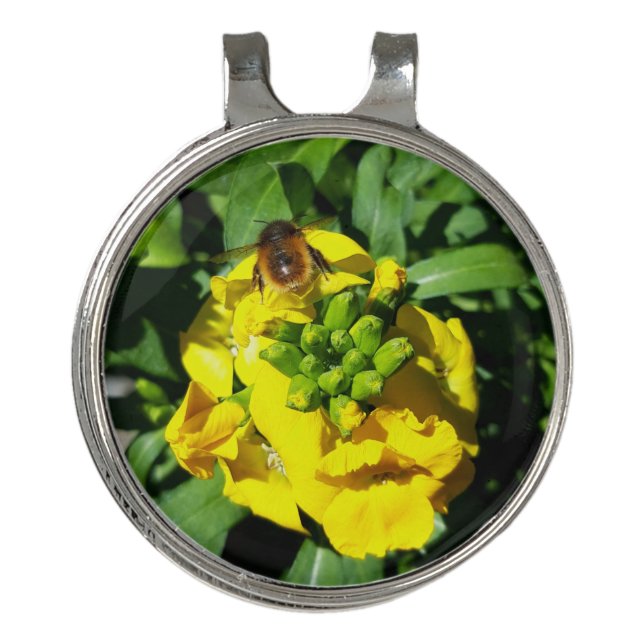 Bee on Yellow Flowers Golf Hat Clip (Front)