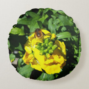 Bee on Yellow Flowers Round Pillow