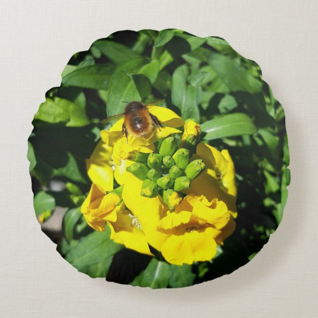 Bee on Yellow Flowers Round Pillow (Front)