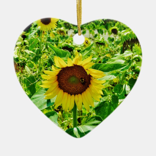 Bee on yellow Sunflower Ceramic Ornament (Front)