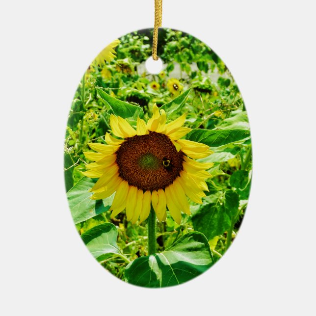 Bee on yellow Sunflower Ceramic Ornament (Front)
