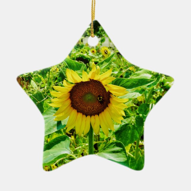Bee on yellow Sunflower Ceramic Ornament (Front)