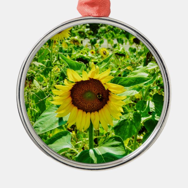Bee on yellow Sunflower Metal Ornament (Front)
