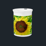 Bee on yellow Sunflower Pitcher<br><div class="desc">Sunflower field. Photo taken by artist Sandy Closs. Fall and autumn background of a sunny field of yellow and gold sunflowers. Personalize with your own text. Autumn,  sunflower, summer, yellow,  gold,  fall,  nature flower flowers garden country</div>