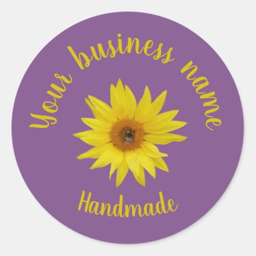 Bee on yellow sunflower purple handmade script cla classic round sticker