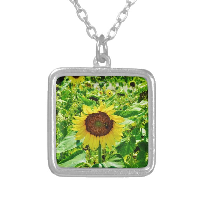 Bee on yellow Sunflower Silver Plated Necklace (Front)