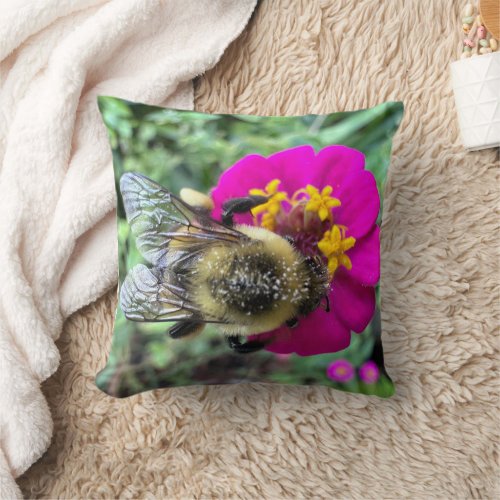 Bee on Zinnia Throw Pillow