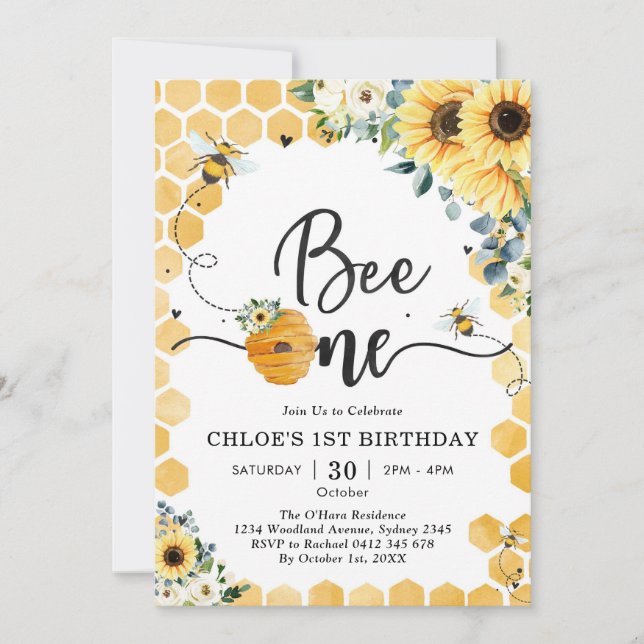 Bee One Honey Bee 1st Birthday Invitation (Front)