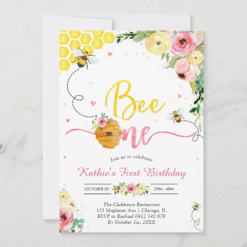 Bee One Honey Bee Girl 1st Birthday Invitation