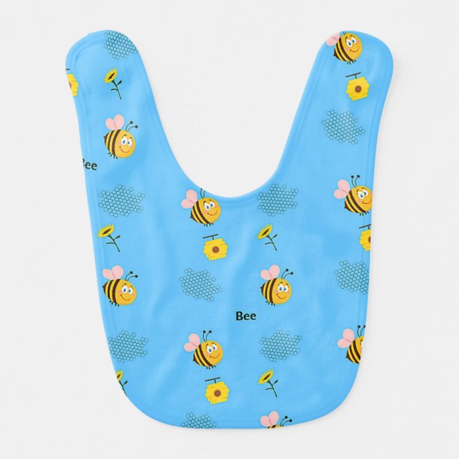 Bee pattern on blue baby bib (Front)